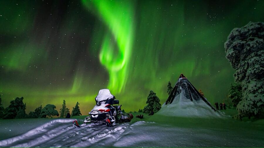 Inari: Northern Lights Hunt Snowmobile Safari - The tepee, fire, sausages, and hot berry drinks