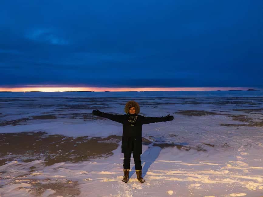 Oulu: Guided Night Walking Tour with Northern Lights Hunting - Nallikari beach and the frozen sea
